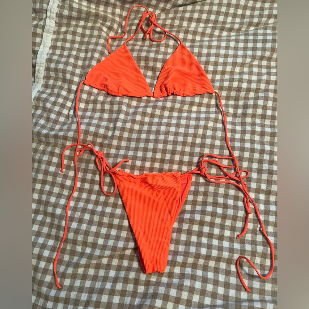 Frankie’s Bikini fluorescent orange triangle bikini set